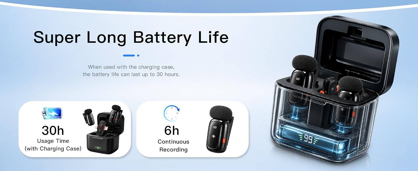 Cordless mic small microphone with smart led digital power display charging case 30h battery life