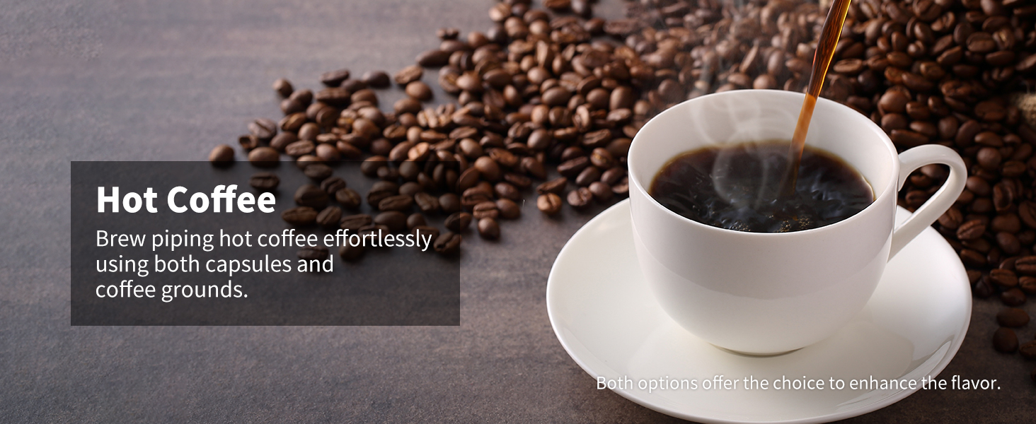 Effortless hot coffee brewing using both pods and loose grounds