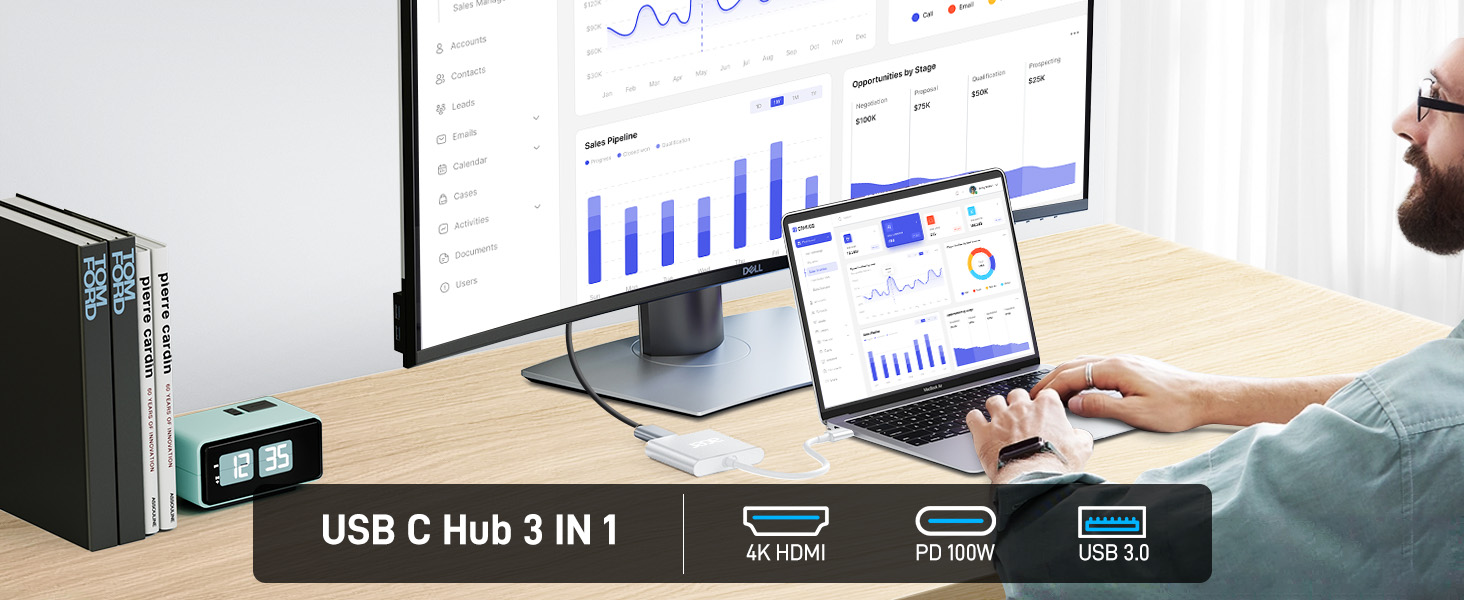 Text reads 'USB C Hub 3 IN 1'. Images showing a USB hub device connected to laptop, displaying multiple ports and computer screens with data.