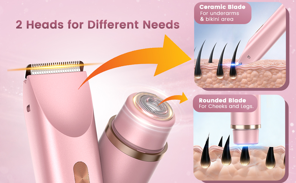 2-in-1 women’s trimmer with ceramic blade and rounded head for different grooming needs.