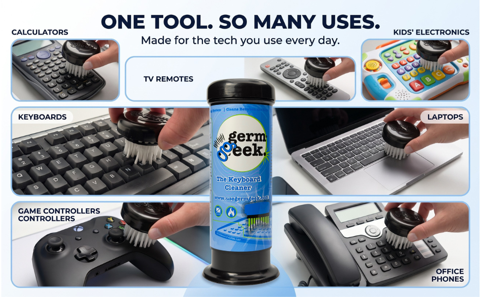 Germ Geek cleans keyboards, remotes, controllers, phones, calculators and more.