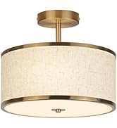 CALOKES 12.6 Inch Semi Flush Mount Ceiling Light, 3-Light Drum Lamp with Gold Brass Finish and Be...