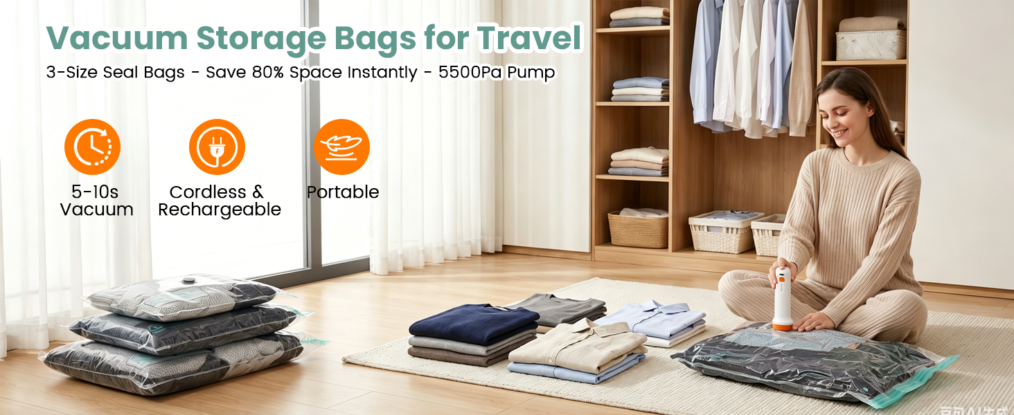 Vacuum Seal Bags for Travel with Rechargeable Cordless Pump, Compression Packing Cubes