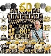 52PCS 60th Birthday Decorations for Men/Women, Black Gold Happy 60th Decor, Include Banner, Numbe...