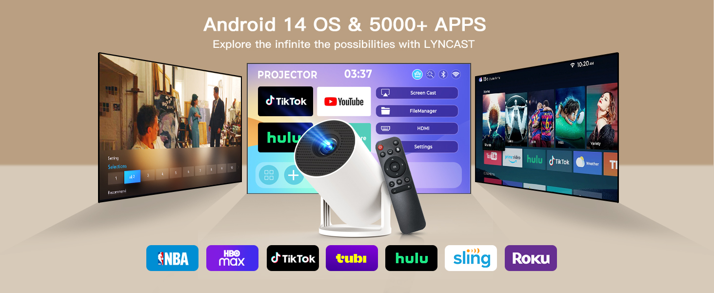 Text reads: 'Android 14 OS &amp; 5000+ Apps'. Display of multiple streaming service app icons and screens in a curved gallery view against neutral background.