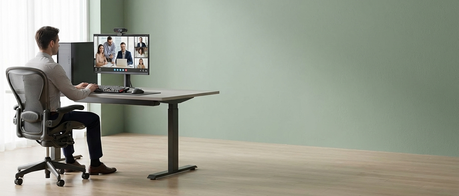 Person at height-adjustable desk participating in video conference call on monitor, set against mint green wall in minimalist office setting.