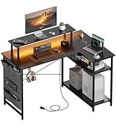 HLDIRECT 44 Inch L Shaped Computer Desk with Power Outlet, Gaming Corner Desk with LED Lights, Ho...