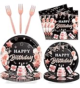 96 Pieces Rose Gold and Black Birthday Party Tableware Set Happy Birthday Party Decorations Rose ...