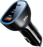 toocki 80W USB C Car Charger, 3-Port Cigarette Lighter USB Charger Adapter, QC&amp;PD Type C Car Char...
