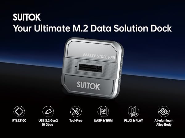 SUITOK M.2 NVMe SATA SSD reader with storage box for 22110 2280 PCIe NGFF drives.