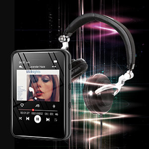 Dark stylized product advertisement showing a smartphone displaying a music player interface, with floating wireless earbuds in dramatic lighting.