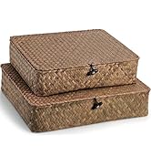 Elsjoy 2 Pack Flat Seagrass Storage Bins with Lid, Wicker Woven Storage Basket Set, Rattan Organi...