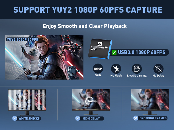 YUY2 1080P 60FPS capture card: enjoy smooth and clear playback, no flash, no delay, live streaming