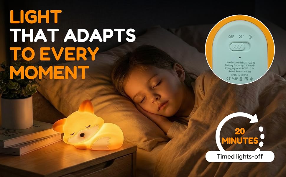 Soft silicone fox night light with timer function glowing on bedside table during sleep time