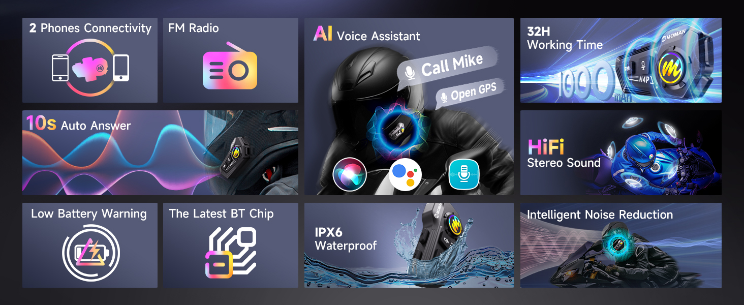 Gaming interface elements showing feature icons and menu screens with neon blue and purple gradients against dark background.