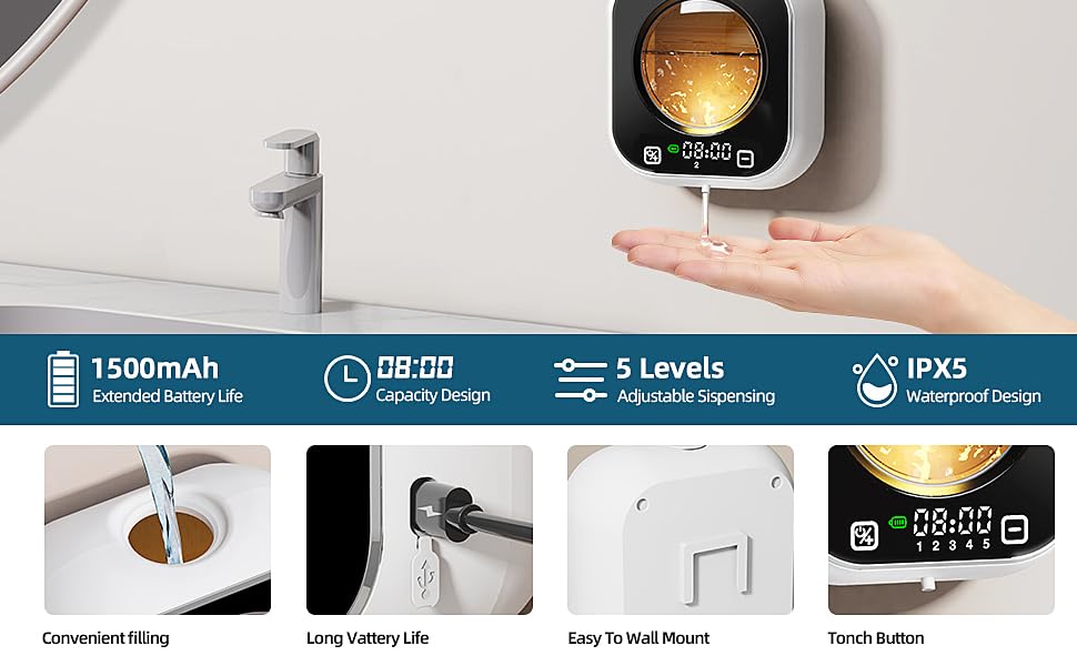Cradiroses Wall Mounted Automatic Touchless Liquid Soap Dispenser, Rechargeable Bathroom