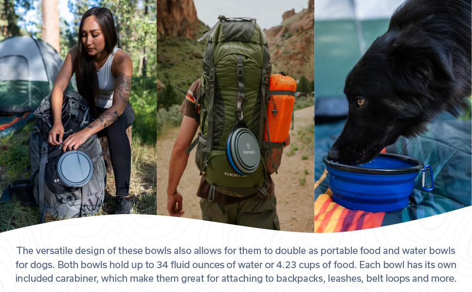versatile, food bowl, collapsible bowl, pet food bowl, tableware, compact, carabiner, campsite