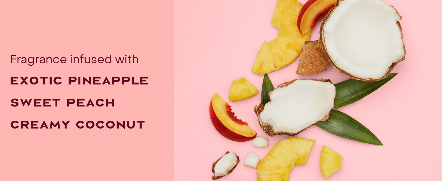 Image of fragrance infusion ingredients: exotic pineapple, sweet peach, and creamy coconut.