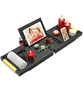 Bathtub Tray Bath Caddy Tray for Tub - Expandable Board and Book Stand Premium Leather Grip and N...