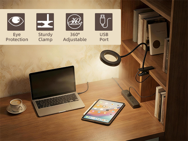 USB Clip on Light for Bed Headboard Flexible Reading Lamp Clamp Desk Lamp for Dorm Home Office