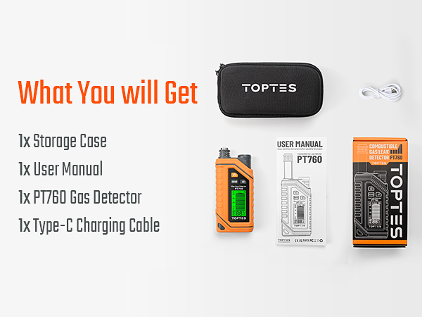 Package Includes: Store case, Gas detector, User Manual, Charging Cable