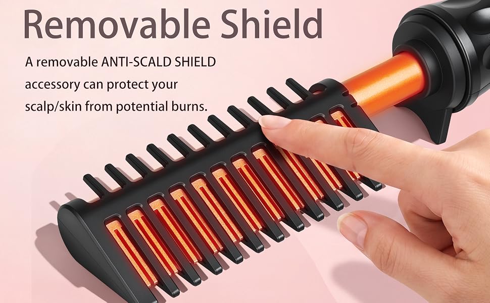 Text reads: 'Removable Shield', 'A removable ANTI-SCALD SHIELD accessory can protect your scalp/skin from potential burns.' Black hair straightening comb brush with removable orange heating shield and protective comb attachment.