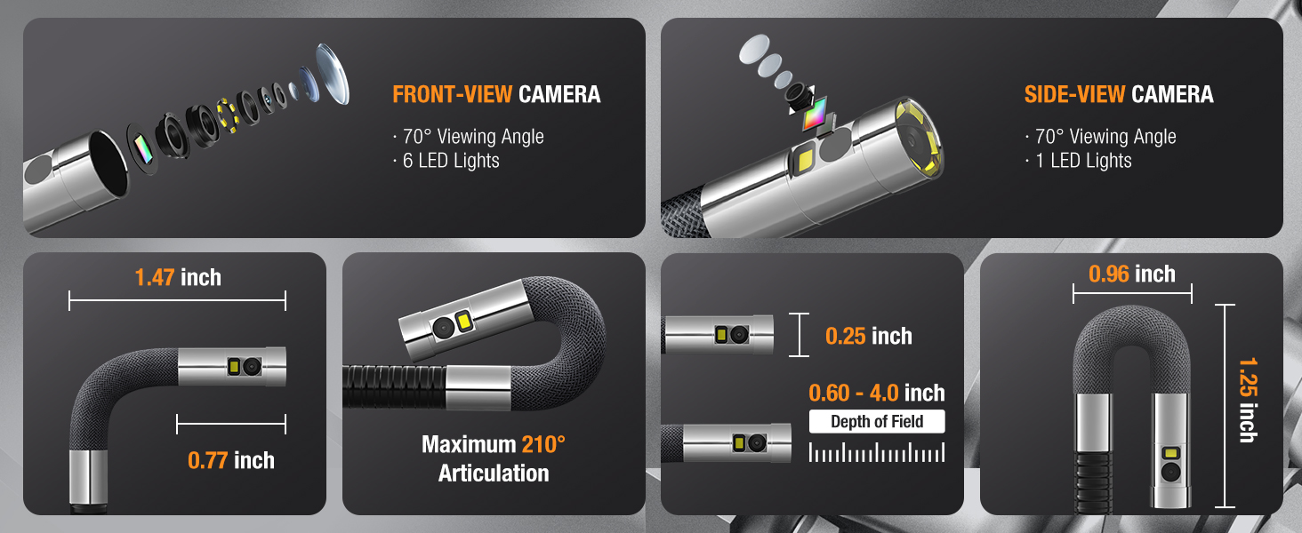 Dual Lens Articulating borescope inspection camera with light