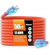 Outdoor Extension Cord 50 FT Waterproof, 12/3 Gauge Heavy Duty 3 Prong Power Cord with Lighted In...