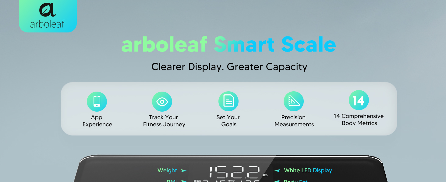 Arboleaf scale for body weight with app support and 14 metrics for fitness tracking