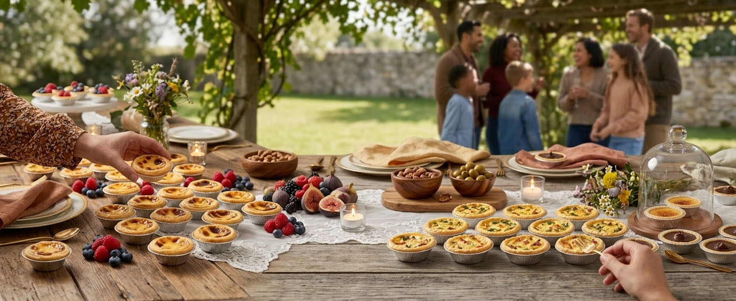 Mini dessert catering display with foil tart pans at outdoor garden party.