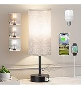Grey Bedside Lamp for Bedroom Nightstand - Small Table Lamp with USB A + C Charging Port, 3 Color...