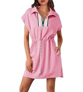 Fisoew Womens Short Sleeve Mini Dress Summer Quarter Zip V Neck Casual Sweatshirt Dresses with Dr...