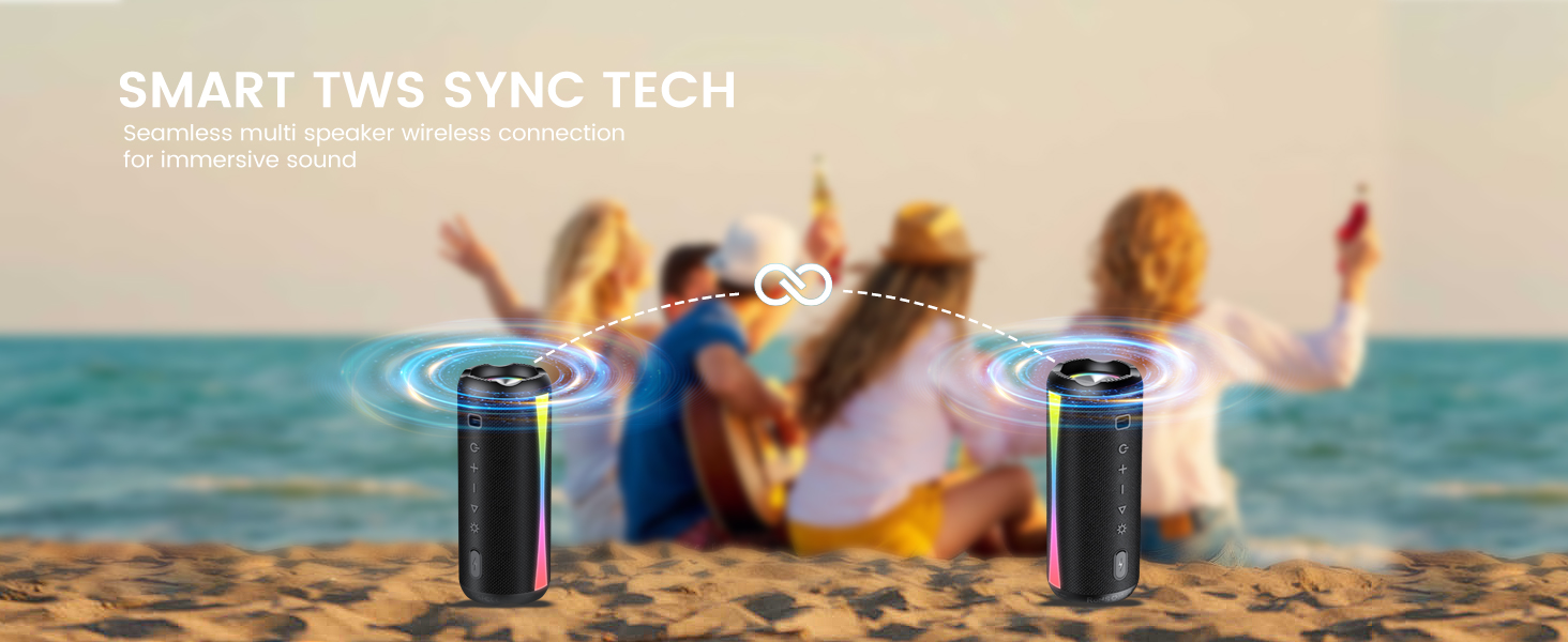Text reads 'SMART TWS SYNC NOW'. Product images showing wireless earbuds and charging case in outdoor settings with water splashes.
