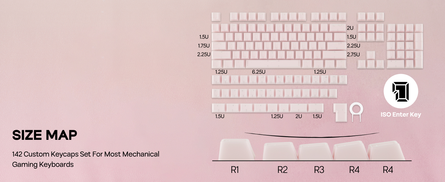 Text reads 'SIZE MAP'. Multiple images of pink-colored computer keyboards shown from different angles on pink background.