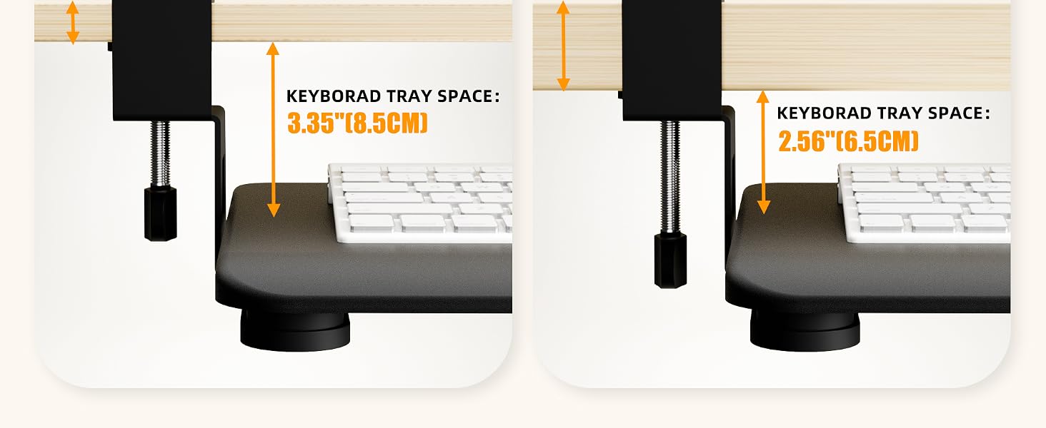 Text reads 'KEYBOARD TRAY SPACE: 2.36" (6.0CM)' and '2.24" (5.7CM)'. Technical diagram showing keyboard tray mounting measurements.