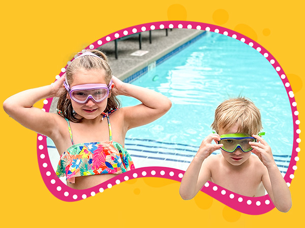 Two children in a pool wearing youth swim masks with wide clear lenses