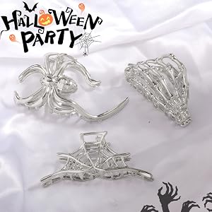 Silver Large Spider, Spider Web, Ghost Hand Design Metal Hair Claw Clips for Women Girls