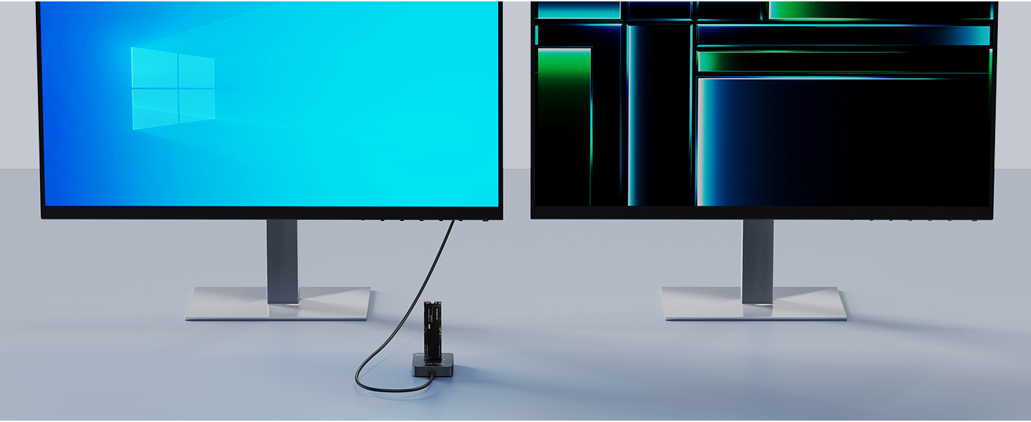 Portable media library for designers to transfer large RAW files and 4K videos via USB C dock.