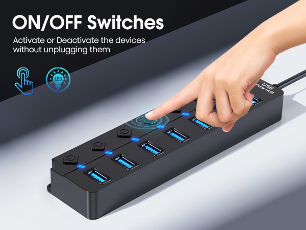 Text reads 'ON/OFF Switches'. Black control panel or device with blue illuminated buttons, shown from multiple angles demonstrating button interaction.