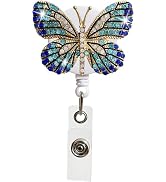Blue Butterfly Rhinestones Retractable Badge Reel, Diamond Nurse Badge Holder Reels with Swivel A...