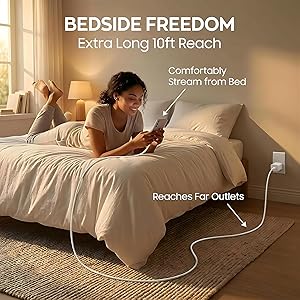 Woman charging phone in bed with extra long 10ft cord