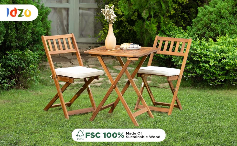Idzo 400lbs Capacity Patio Bistro Set 3 Piece Outdoor, Folding Chairs w/Cushion, Square Table