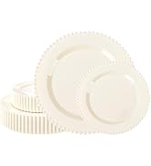 U-QE 60PCS Ivory Plastic Plates - Beaded Ivory Plates Disposable Heavy Duty - Perfect for Party, ...