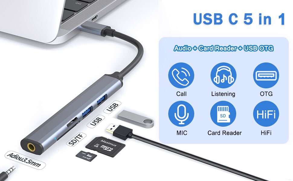 usb c to 3.5mm headphone, usb c sd/micro sd card reader, usb c to usb a dapter
