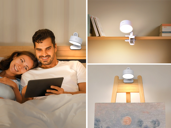 Multiple views of a bedside lamp or reading light mounted to different headboards, showing various angles of illumination and usage in bedroom settings.