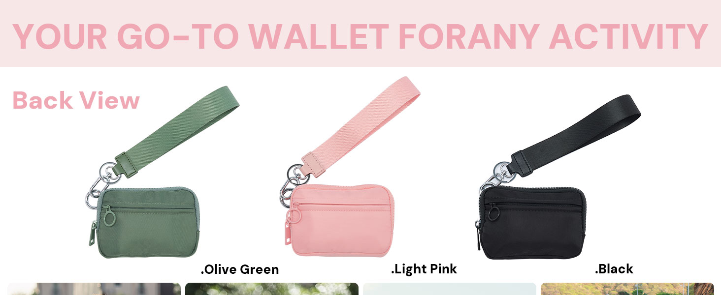 Color options of wristlet wallet in black, light pink, and olive green for various occasions