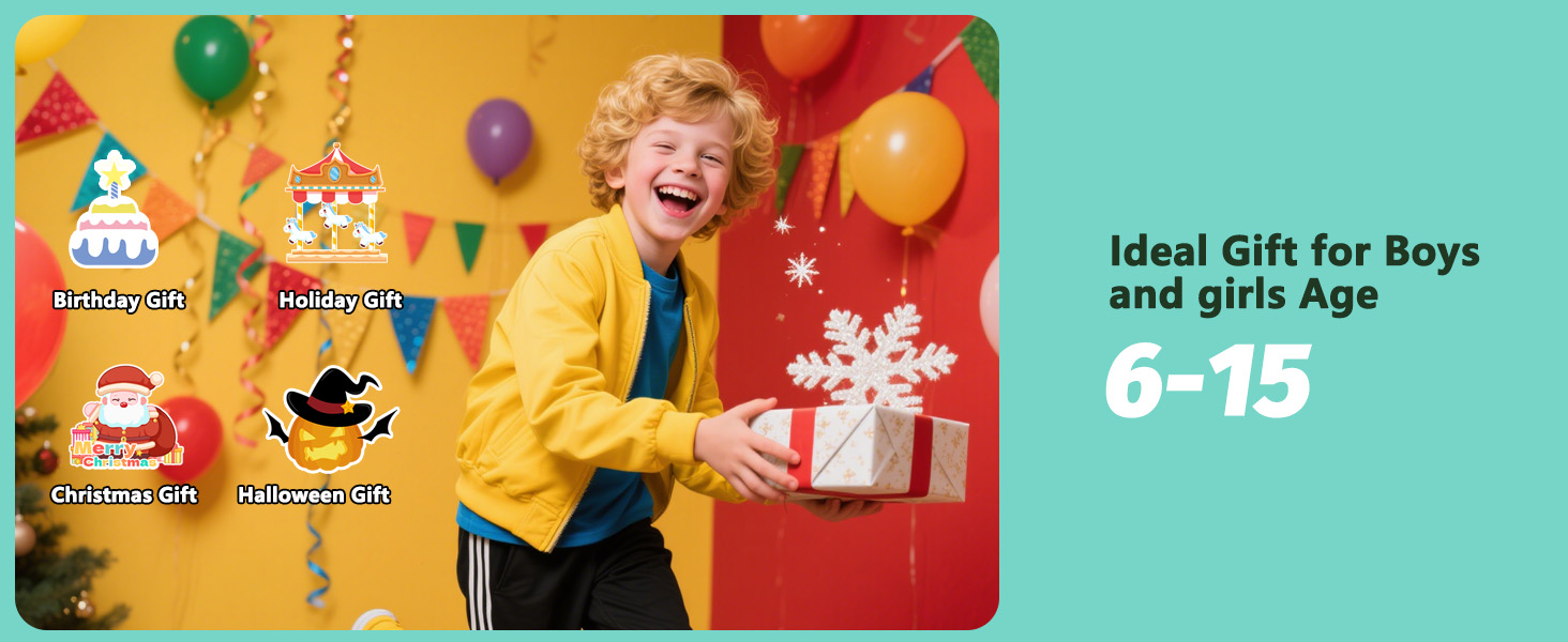 Text reads 'Ideal Gift for Boys and girls Age 6-15'. Colorful promotional banner featuring balloon decorations and celebratory scenes.