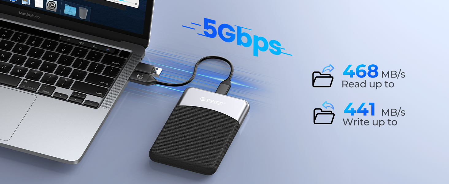 External hard drive connected to laptop. Specs show 5Gbps transfer speed, 468 MB/s read speed, and 441 MB/s write speed.