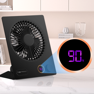 Black desk fan with digital display showing '90' in purple digits against orange backlight. Fan features adjustable angle and compact design.