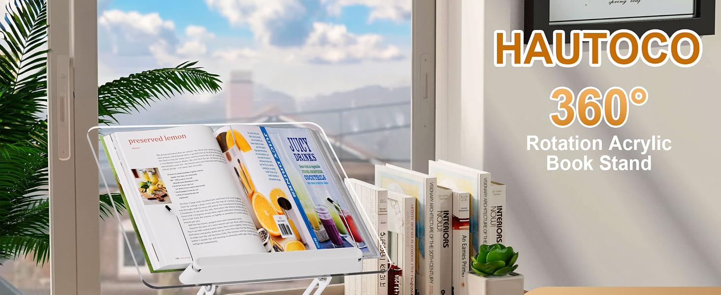 Text reads 'HAUTOCO 360° Rotation Acrylic Book Stand'. Multiple images showing clear acrylic book stand in use near windows, demonstrating rotating capability.